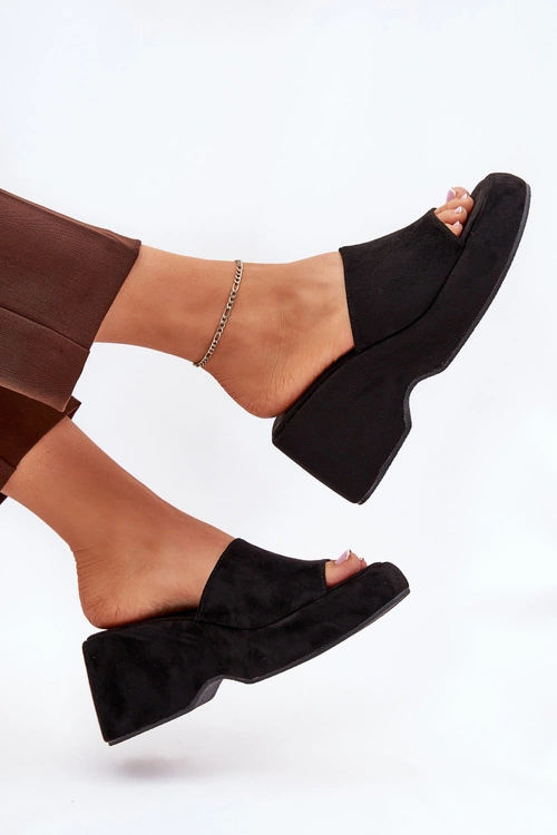 Eko Zamszowe Klapki Damskie Na Platformie I Koturnie Czarne Afisal