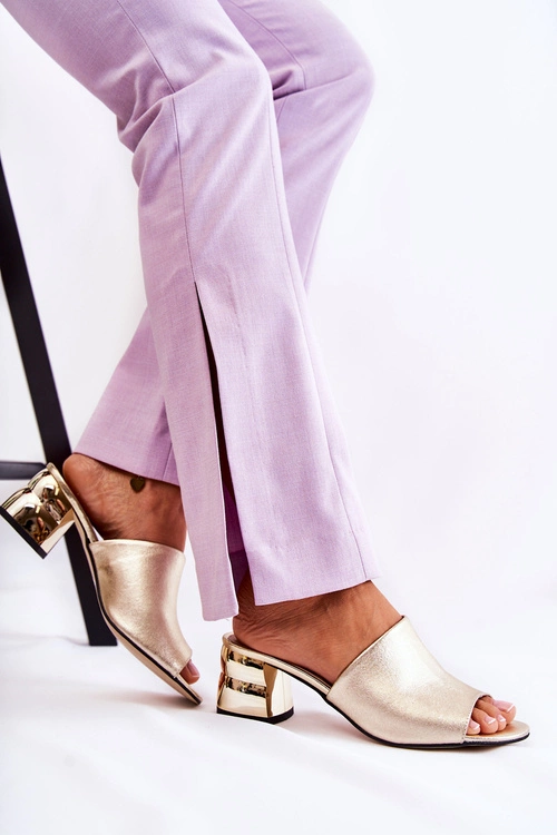 Skórzane Klapki Damskie Na Obcasie Złote Perry