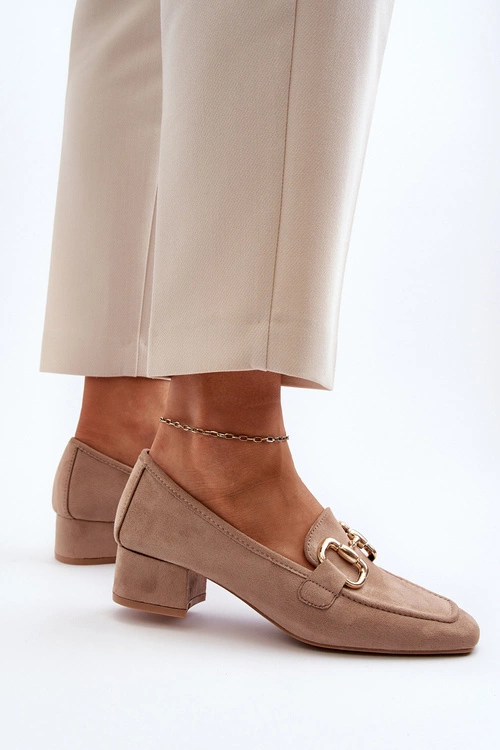 Czółenka Na Niskim Obcasie Klocku Z Ozdobą Beżowe Dolvira