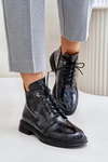 Skórzane Lakierowane Botki Damskie Ocieplane Na Zamek D&A LZ42-042 Czarno-Szare