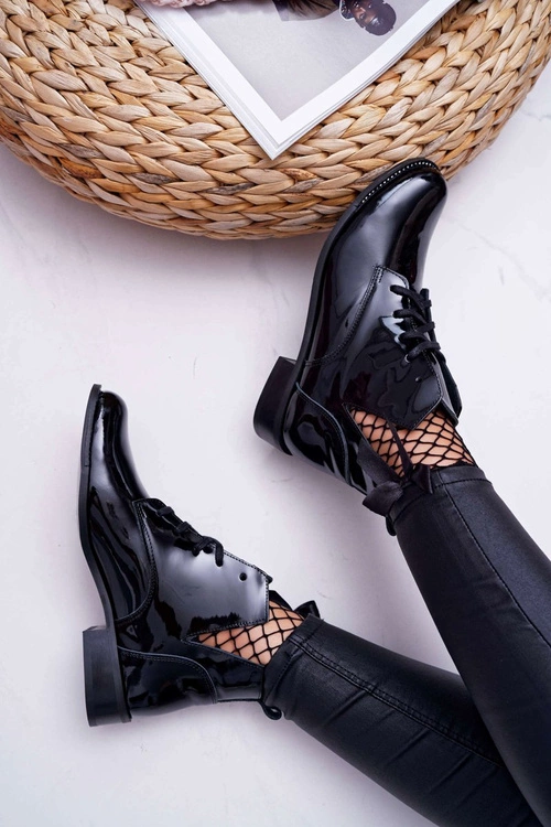 Botki Damskie Płaski Obcas Lakierowane Czarne Nicole 2420