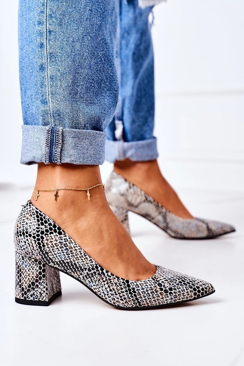 Skórzane Czółenka Ze Zwierzęcym Wzorem Lewski Shoes 2801 Czarno-Niebieskie