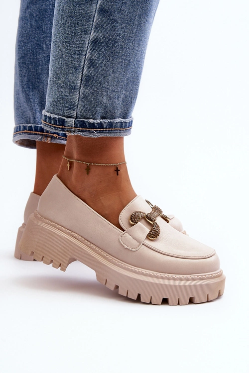 Mokasyny Damskie Z Ozdobą Jasnobeżowe Gargi