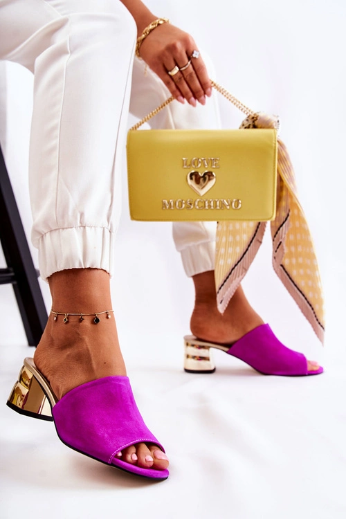 Zamszowe Klapki Damskie Na Obcasie Fuksja Perry