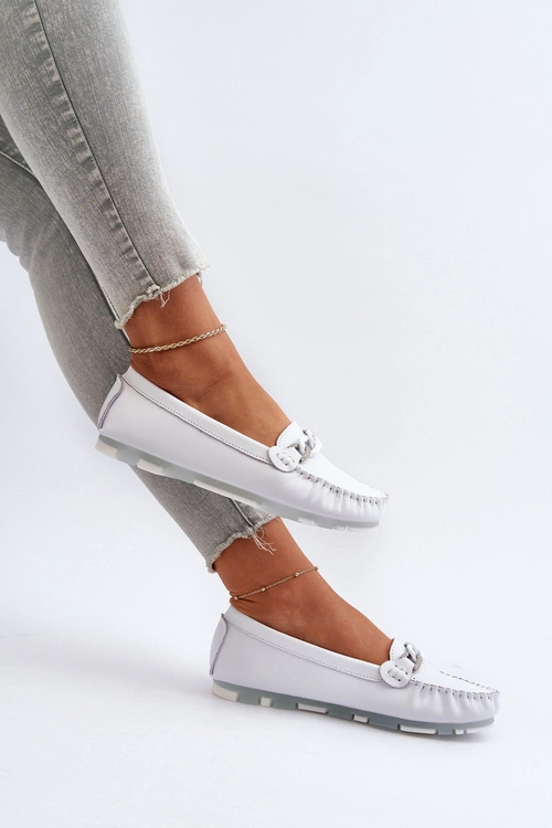 Skórzane Mokasyny Damskie Z Ozdobą Białe S.Barski LR339