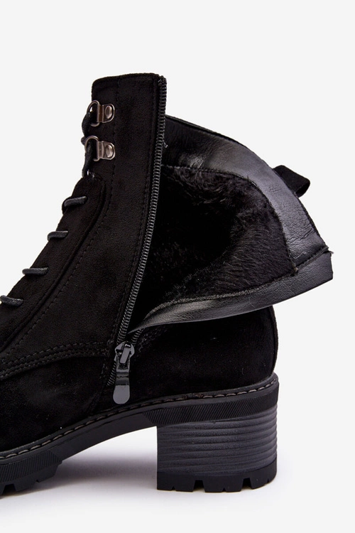 Damskie Botki Na Niskim Obcasie Sznurowane Czarne Adinail