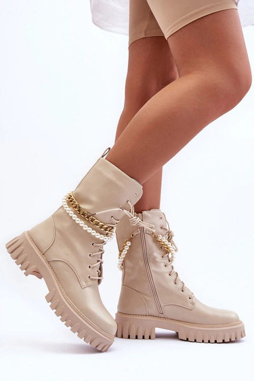 Skórzane Wysokie Workery Z Łańcuszkiem Beżowe Nameer