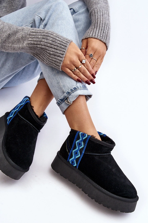 Skórzane Zamszowe Śniegowce Damskie Na Grubej Podeszwie Czarne Vebissat