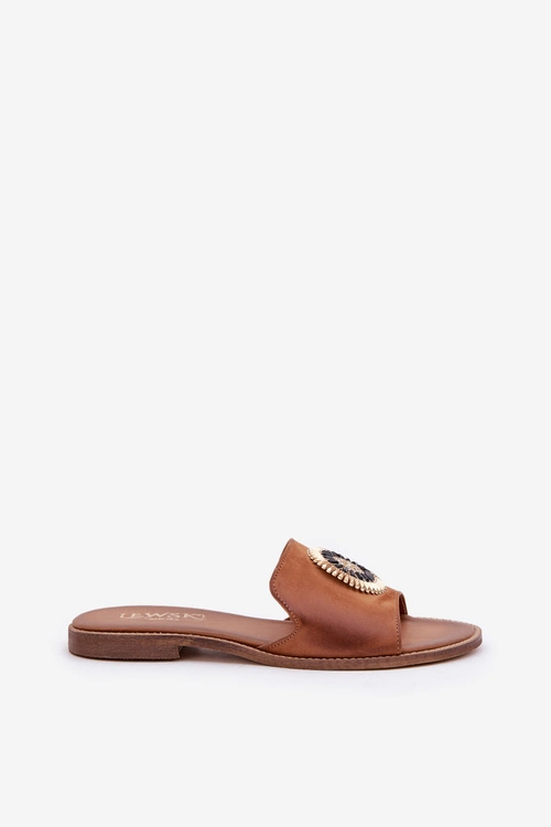 Skórzane Klapki Z Ozdobą Na Płaskim Obcasie Lewski 3047/O Camel