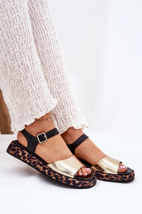 Sandały Skórzane Damskie Na Platformie Z Panterką S.Barski JC51-347 Złote