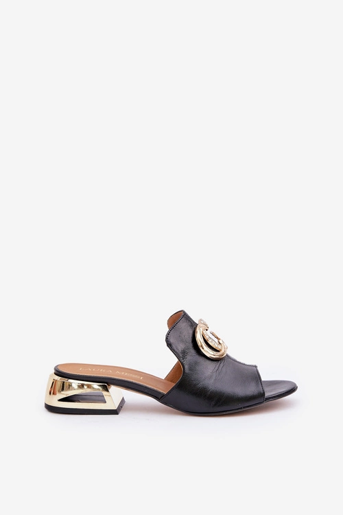 Skórzane Eleganckie Klapki Damskie Na Niskim Obcasie Laura Messi 2874 Czarne