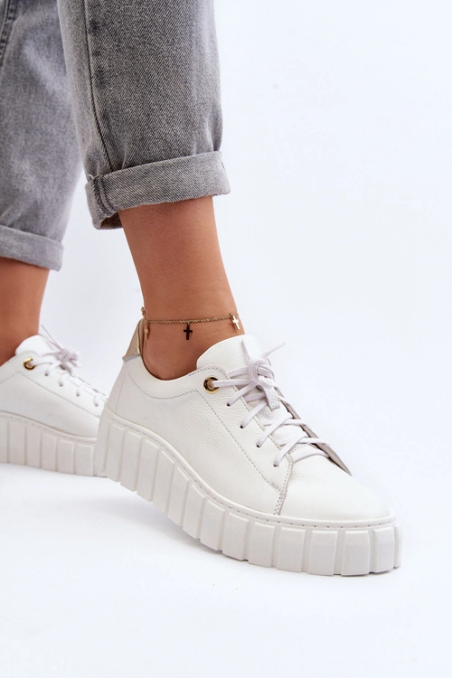 Zazoo 2919 Damskie Skórzane Półbuty Na Grubej Podeszwie Białe