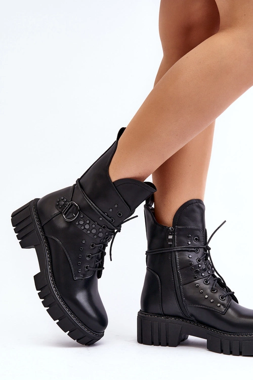 Zdobione Botki Workery Damskie Czarne Vestara