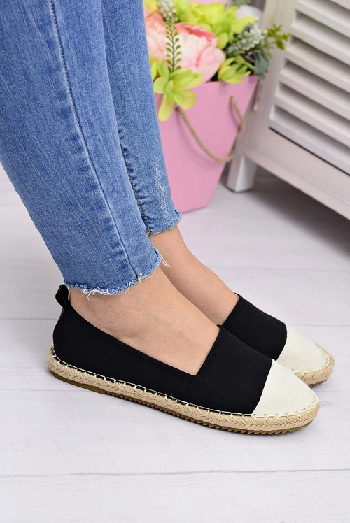 Damskie Czarne Lniane Espadryle Beżowy Nosek Quebo