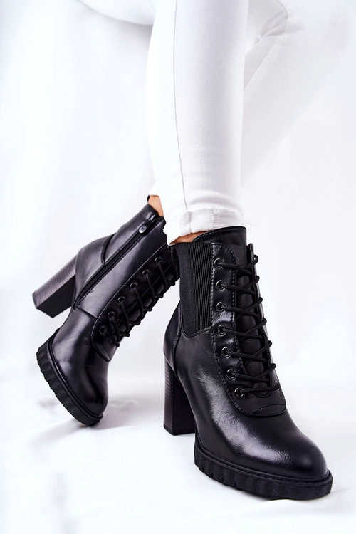 Skórzane Botki Na Słupku Wysokie Czarne Joyte