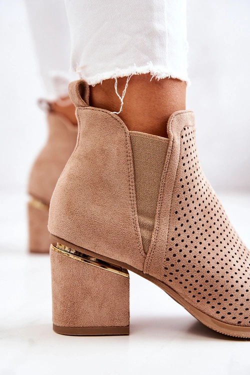 Zamszowe Botki Kowbojki Ażurowe Ciemnobeżowe Helloni