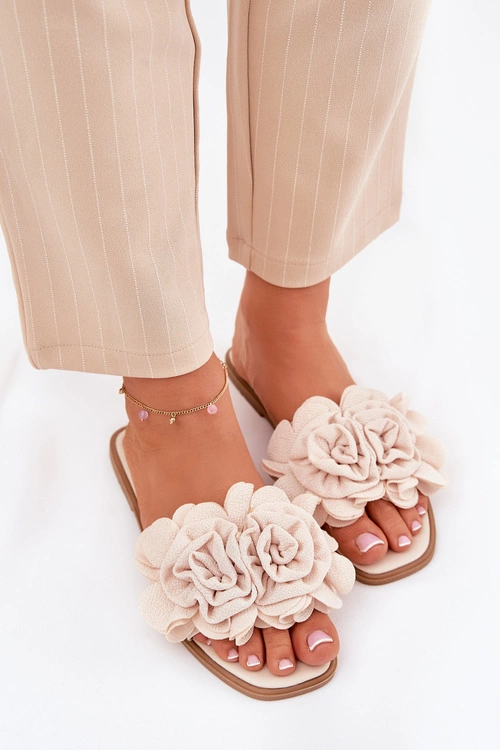 Klapki Damskie Na Płaskim Obcasie Z Ozdobnymi Kwiatami Beżowe Misorsse