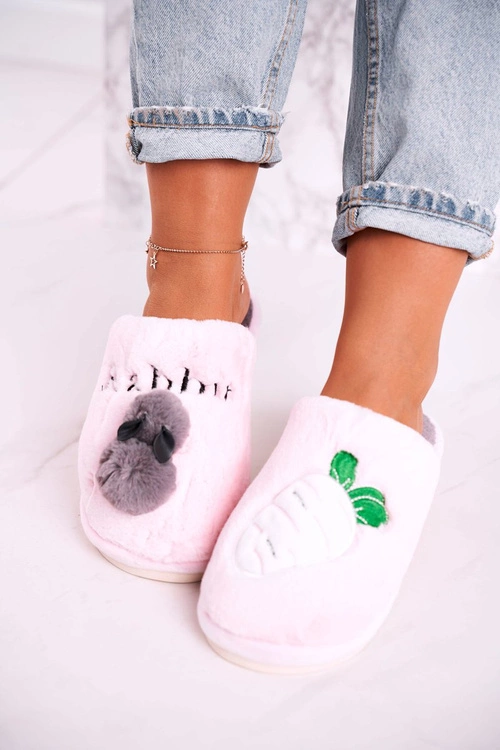 Damskie Futrzane Papcie z Królikiem I Marchewką Różowe Follow Me