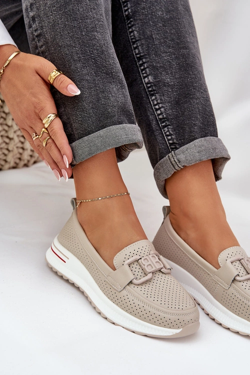 Damskie Skórzane Mokasyny Na Platformie S.Barski LR51-556 Beżowe