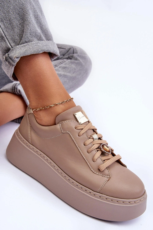 Skórzane Buty Sportowe Na Platformie Maciejka 06191-04 Beżowe