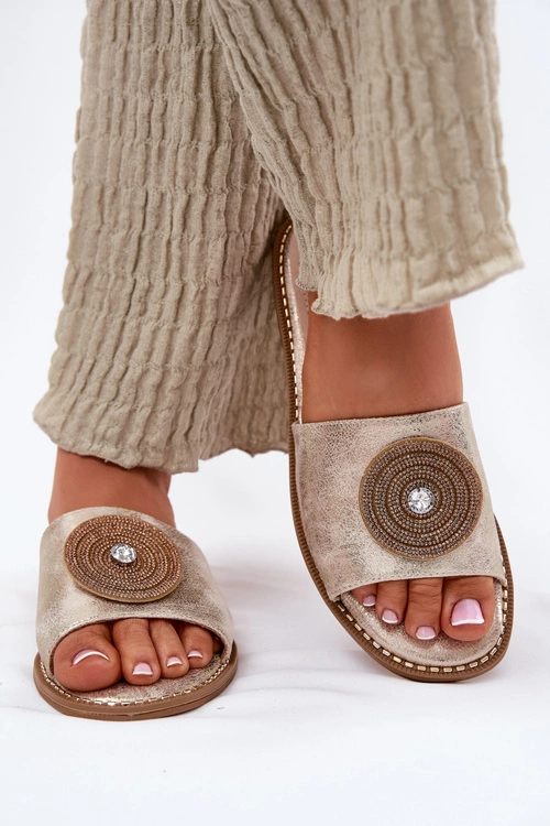 Klapki Damskie Na Płaskim Obcasie Z Ozdobą S.Barski KV51-013 Złote