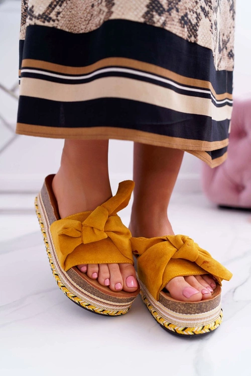 Klapki Damskie Na Platformie Z Kokardą Żółte Chantal