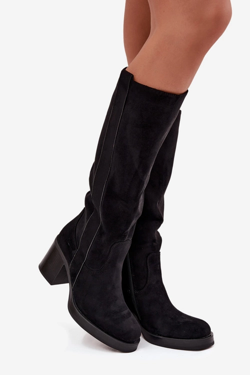 Kozaki Damskie Ocieplane Na Masywnym Słupku Czarne Sanelle