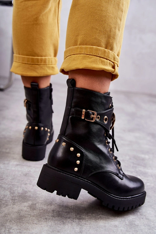 Skórzane Damskie Botki Z Ćwiekami Czarne Leticia