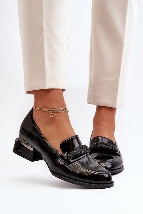 Damskie Półbuty Lakierowane Na Niskim Obcasie Czarne Marilni