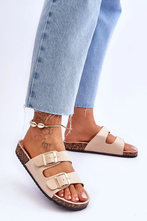 Damskie Klapki Na Korkowej Platformie Z Paskami Beżowe Doretta