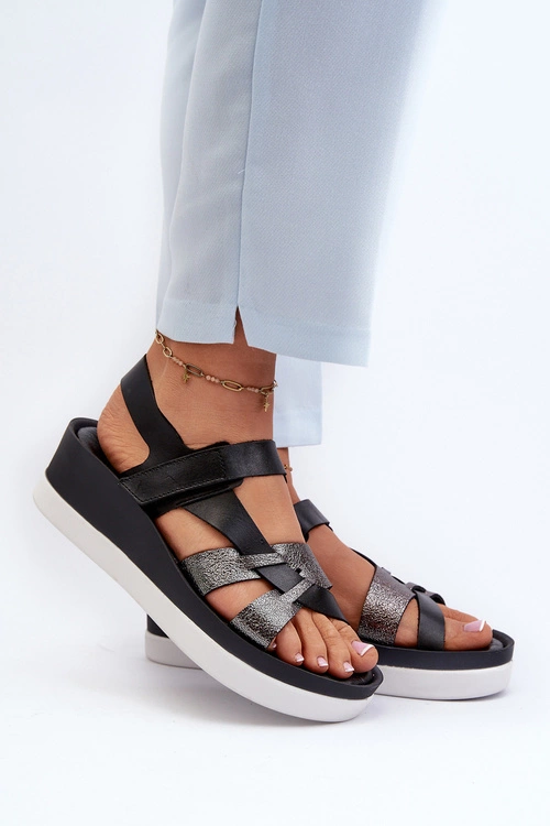 Zazoo 40397 Damskie Skórzane Sandały Na Platformie Czarne