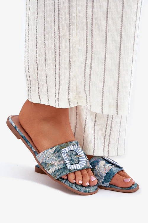 Płaskie Klapki Damskie Z Ozdobną Klamrą Niebieskie Clariola