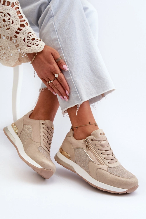 Sneakersy Damskie Z Brokatem I Suwakiem INBLU IN000365 Beżowe