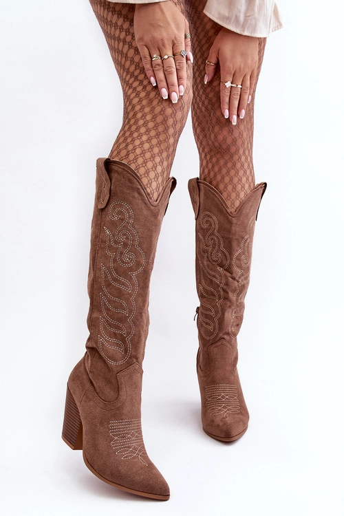 Damskie Kozaki Kowbojki Na Obcasie Ciemnobeżowe Tomani