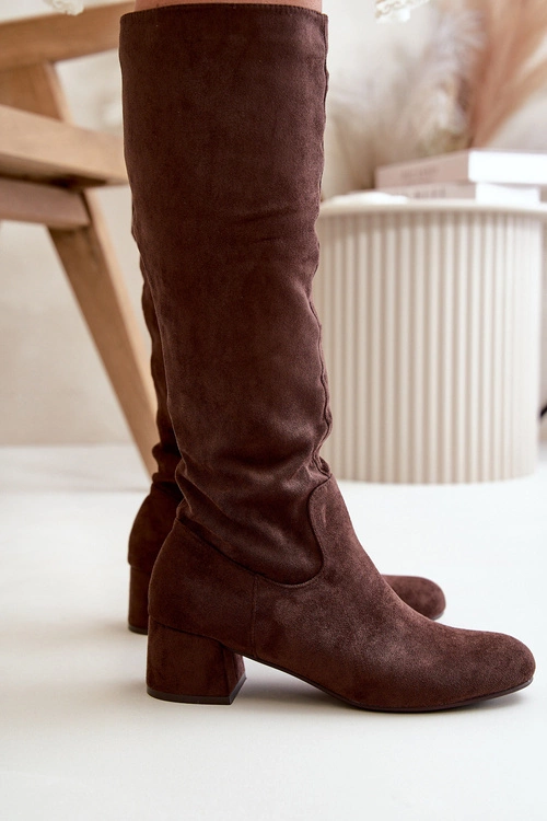 Eko Zamszowe Kozaki Damskie Przed Kolano Na Zamek Brązowe Elitara