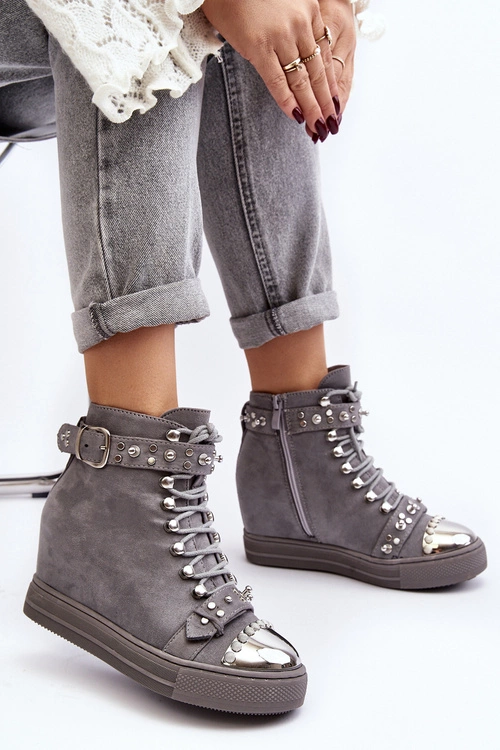 Ocieplane Botki Na Koturnie Z Dżetami Zamszowe Lu Boo Szare