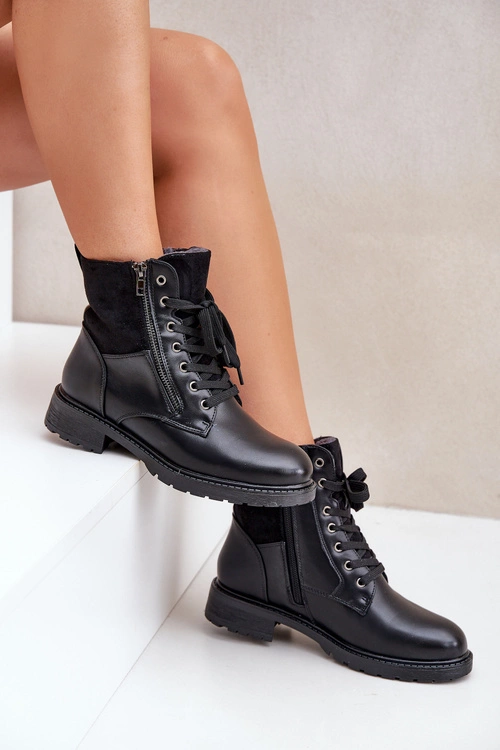 Ocieplane Botki Na Płaskim Obcasie Eko Skórzane Czarne Naoise