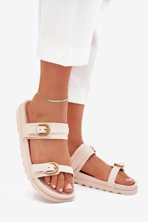 Klapki Damskie Z Paskami I Złotymi Klamrami Jasnobeżowe Selana