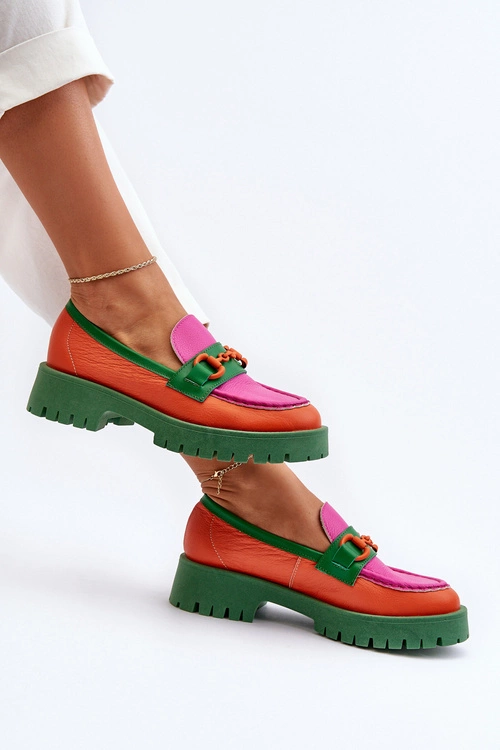 Mokasyny Skórzane Damskie Z Ozdobą CheBello 4444 Pomarańczowe