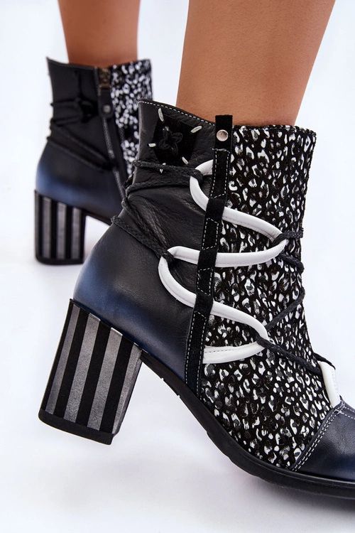 Damskie Skórzane Botki Na Obcasie Maciejka 05605-01 Czarno-Białe