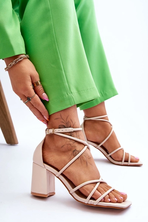 Skórzane Modne Damskie Sandały Na Obcasie Beżowe Primma