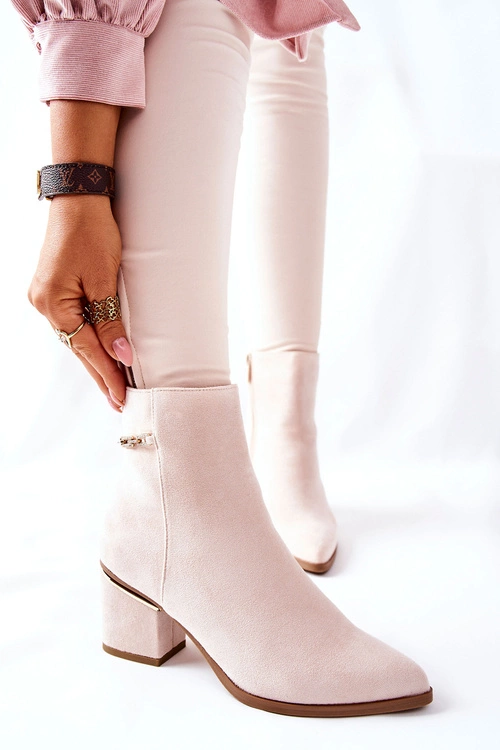 Damskie Zamszowe Botki Na Słupku Beżowe One Step