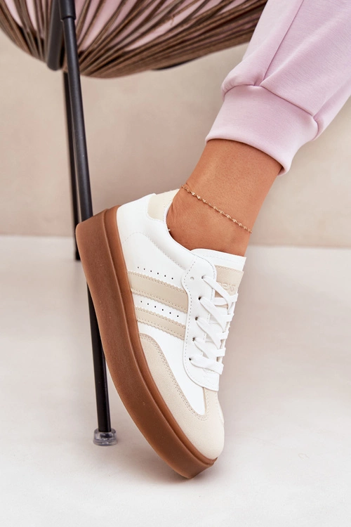Sneakersy Damskie Na Platformie Z Eko Skóry Beżowo-Białe Ediriella