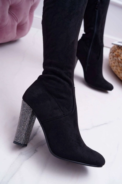 Kozaki Damskie Na Słupku Zamszowe Czarne Rabios