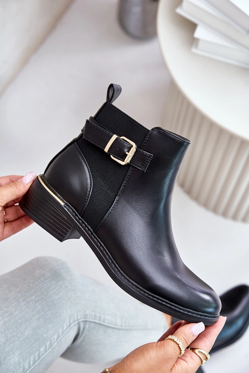 Botki Sztyblety Damskie Na Niskim Obcasie Ocieplane Ze Złotą Klamrą Czarne Inomira