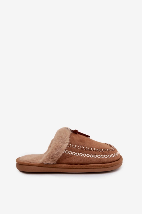 Kapcie Damskie Z Futerkiem I Haftem Brązowe Perivelle