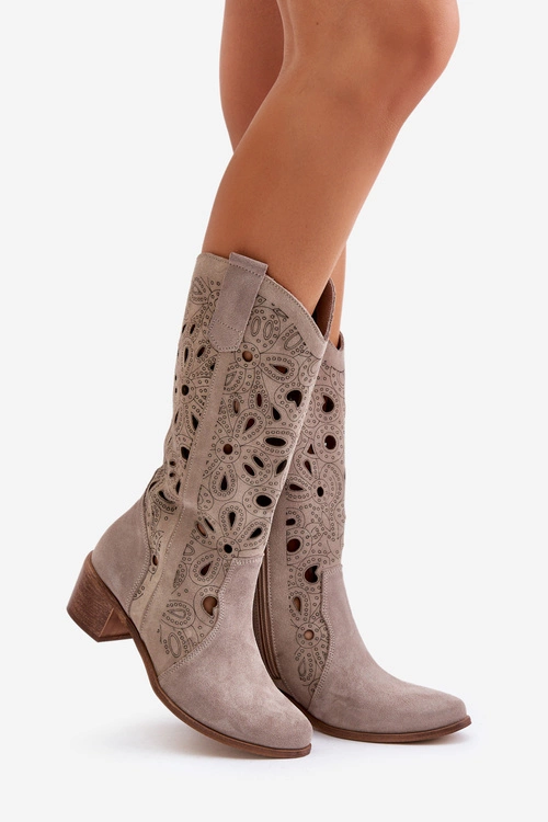 Ażurowe Kozaki Zamszowe Lewski Shoes 3170 Cappucino