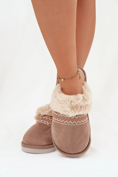 Kapcie Damskie Z Futerkiem I Haftem Khaki Devianne