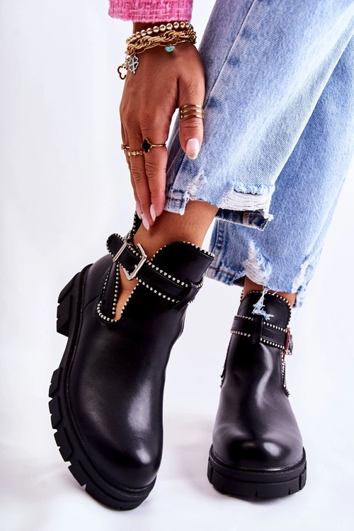 Damskie Skórzane Botki Z Ćwiekami Czarne Clares