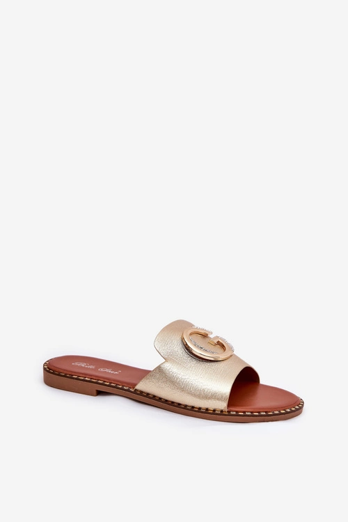 Eko Skórzane Płaskie Klapki Damskie Z Ozdobnym Detalem Złote Frelie